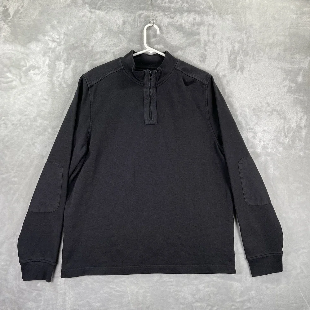 UNTUCKit Sweater Mens Large 1/4 Zip Pullover Elbow Patches Black Cotton Casual